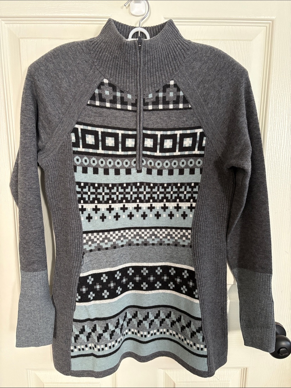 Title nine Gray and Light Blue Patterned Half-Zip Sweater